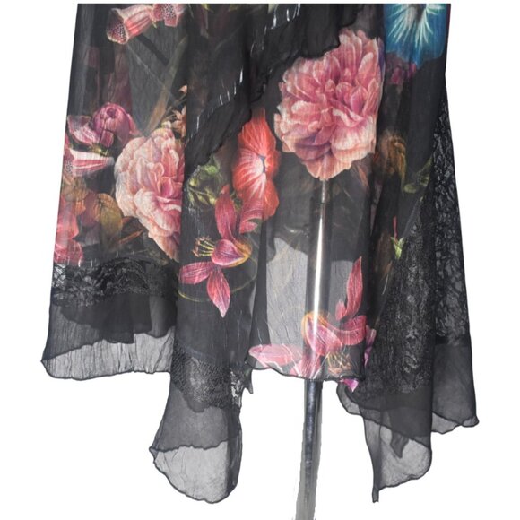 Stunning Komarov Dress Sheer Crinkle Floral Print on Black Hanky Hem L - Picture 3 of 6